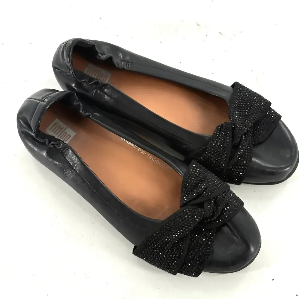 FitFlop Twiss Crystal Ballet Flat 6 Black Leather Fit Flop Comfort Slip On